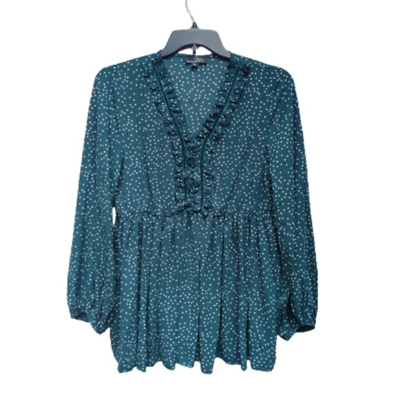 Suzanne Betro Peplum Blouse Green Polka-Dots Ruffles Balloon Sleeves - Picture 1 of 11